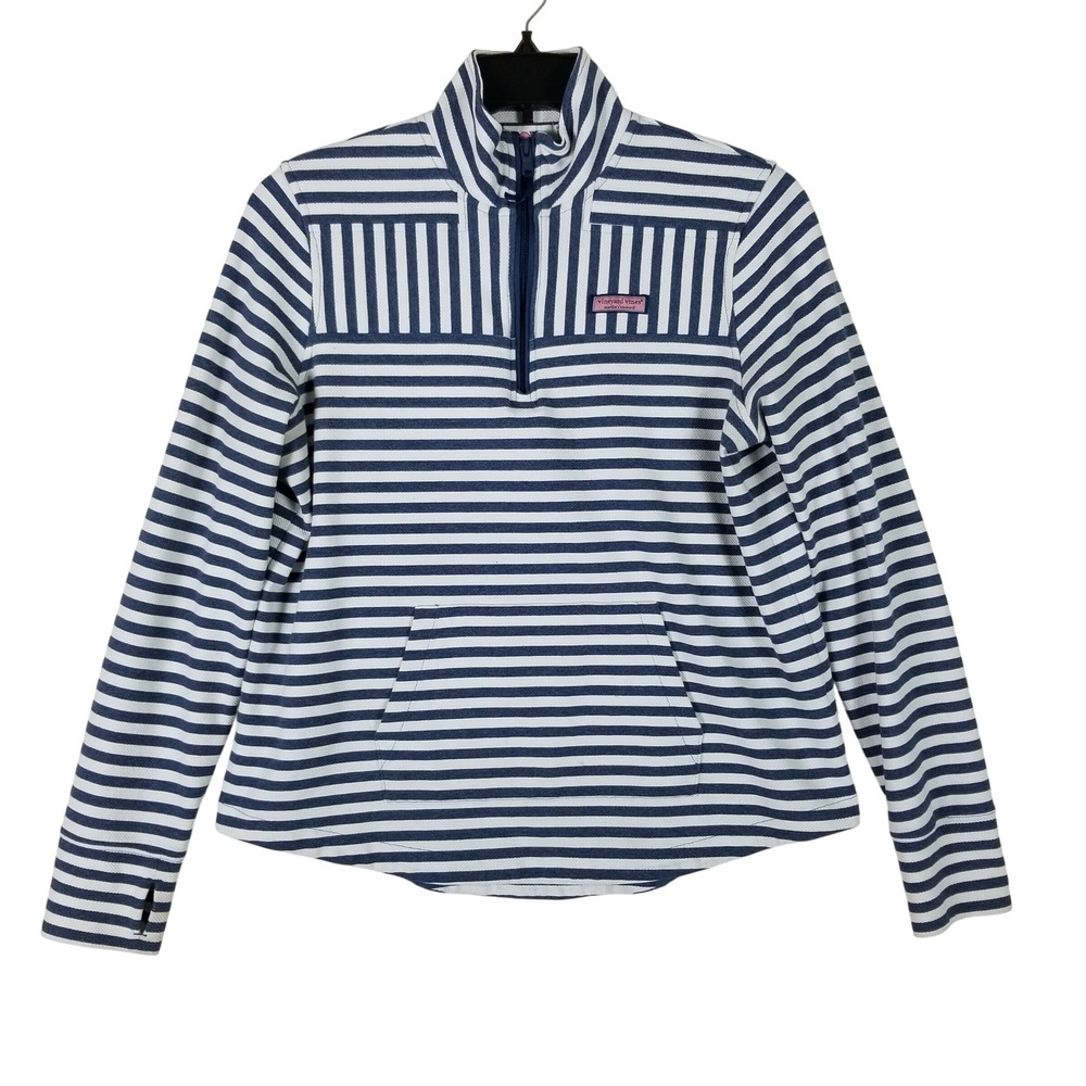 Vineyard Vines 1/4 Zip Pullover Womens Large Blue Striped Waffle Knit Thumbhole